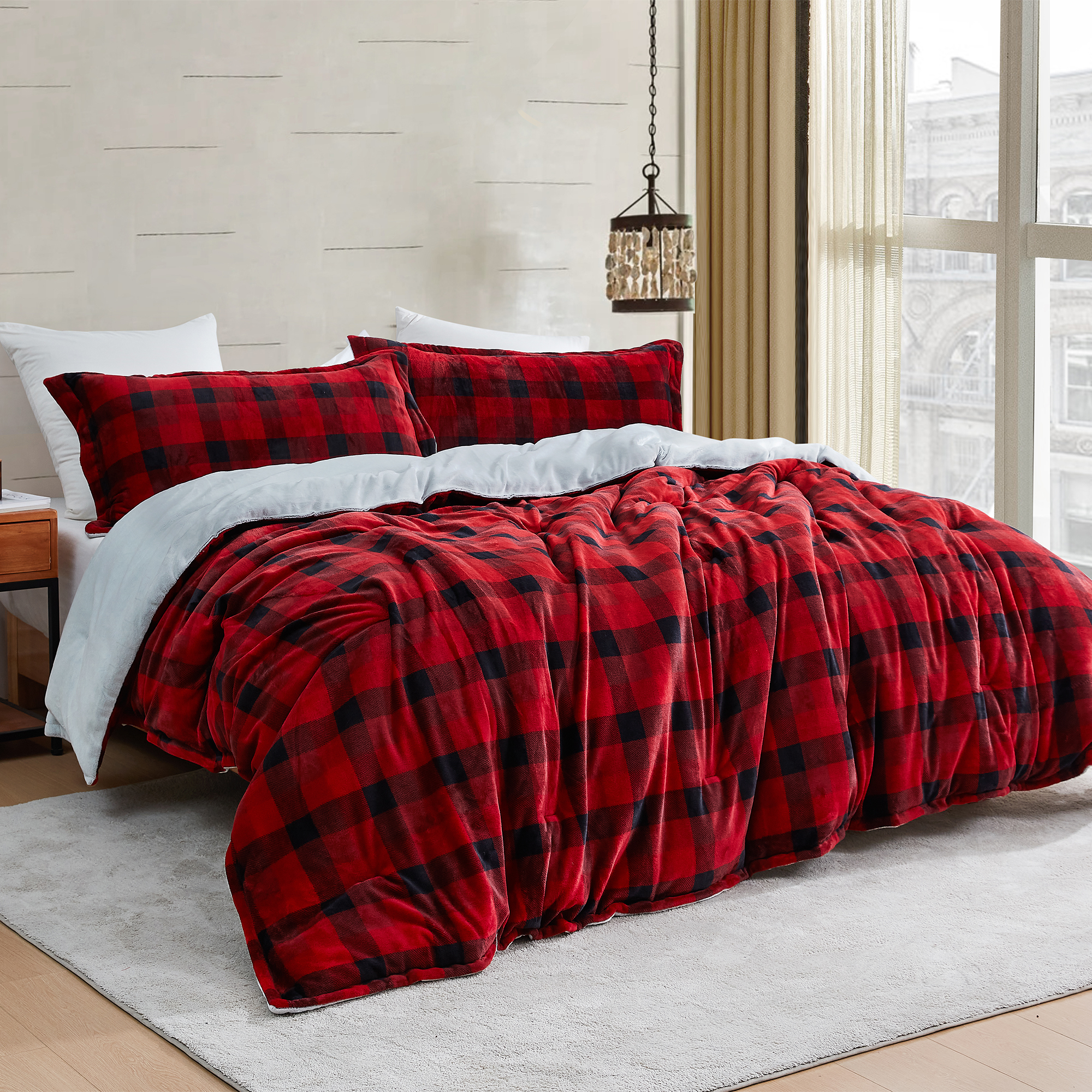 Red and Black Buffalo Plaid Plush Oversized Bedspread