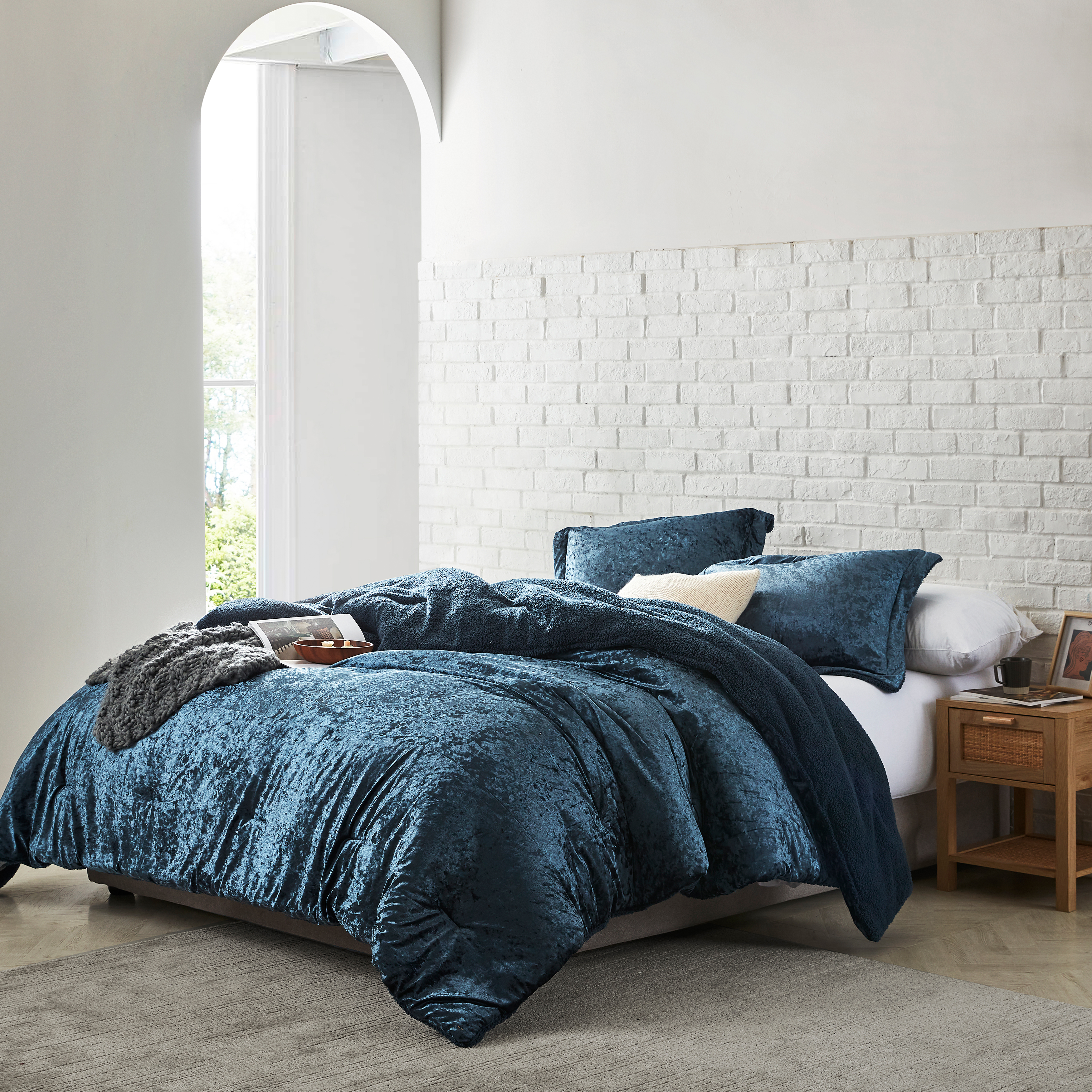 Beautiful Navy Blue Velvety Twin Oversized Bedspread with Matching